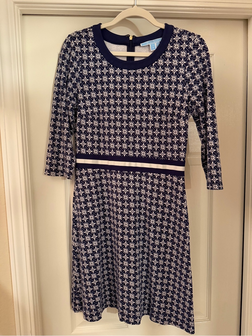 Draper James Navy and White Floral Fit-and-Flare Knit Dress